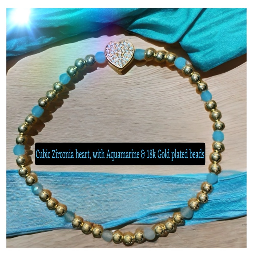 C.Z.Heart, 18k gold plated beads, Aquamarine crystal beaded elastic bracelet
